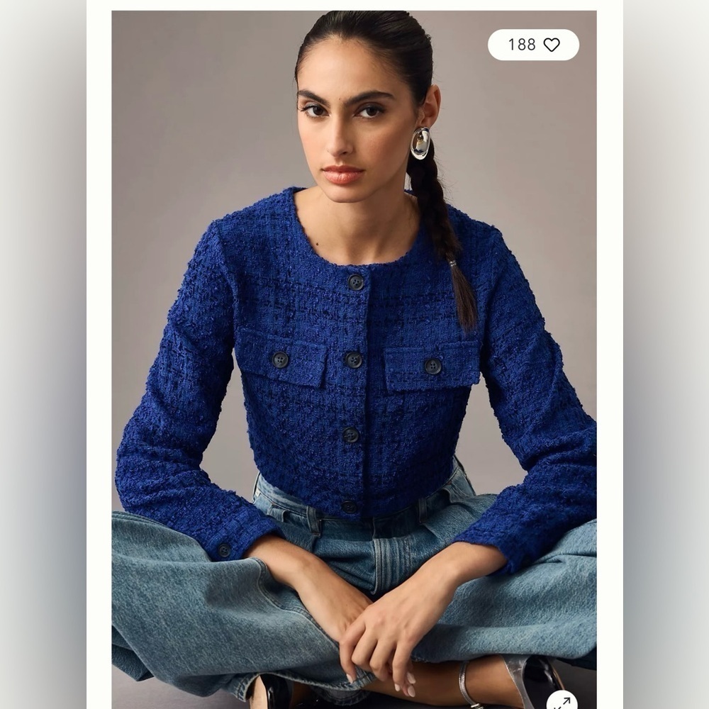Anthropologie Maeve Cropped Tweed Royal Blue Jacket Size XL